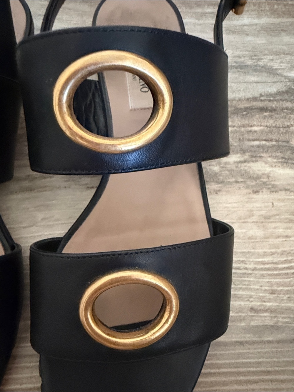 Valentino Black Leather Sandals with Gold Ring Accents - Picture 4 of 15